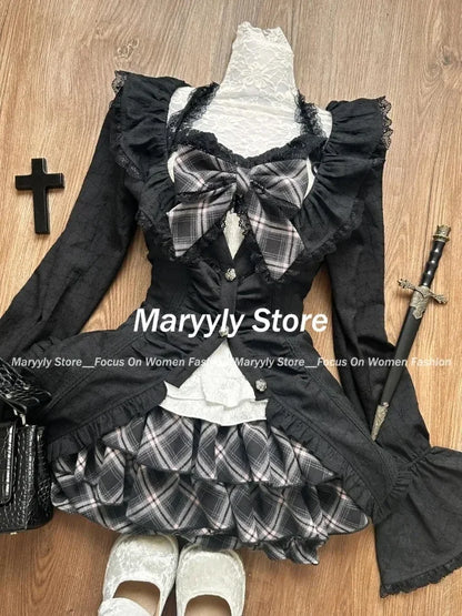 LVSANW Y2k Gothic Sweet 3 Piece Set Autumn Casual Long Sleeve Cardigan + Slim Lace Bow Vest + Plaid Mini Cake Skirt Women Outfits New