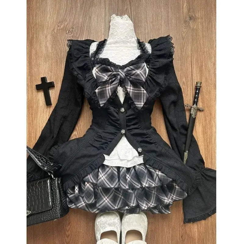 LVSANW Y2k Gothic Sweet 3 Piece Set Autumn Casual Long Sleeve Cardigan + Slim Lace Bow Vest + Plaid Mini Cake Skirt Women Outfits New