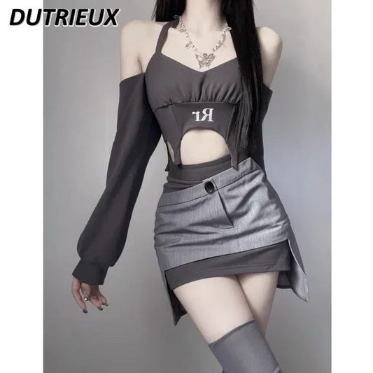 LVSANW Y2k Millennium Hot Girl Short Halter Off-the-Shoulder Top + Asymmetric Short Skirt Outfit Female Slimming Two-Piece Suit