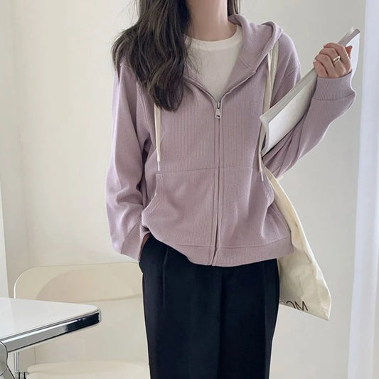 LVSANW Y2k Purple Sweet Hooded Coats Korean Zipper Loose Long Sleeve Female Casual Jacket Autumn New Preppy Style Pockets Ladies Tops