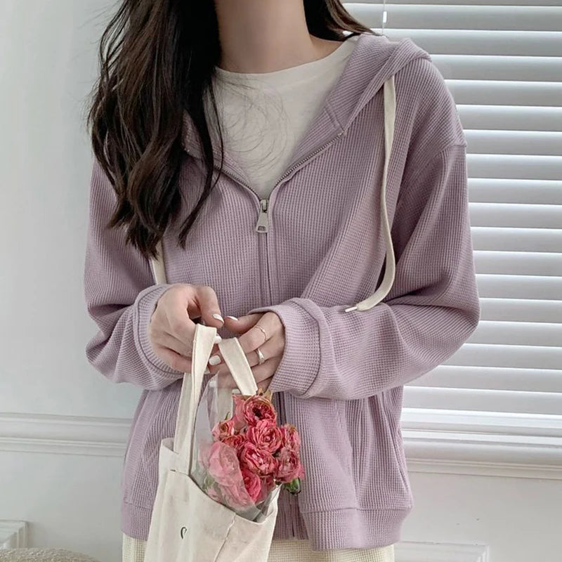 LVSANW Y2k Purple Sweet Hooded Coats Korean Zipper Loose Long Sleeve Female Casual Jacket Autumn New Preppy Style Pockets Ladies Tops