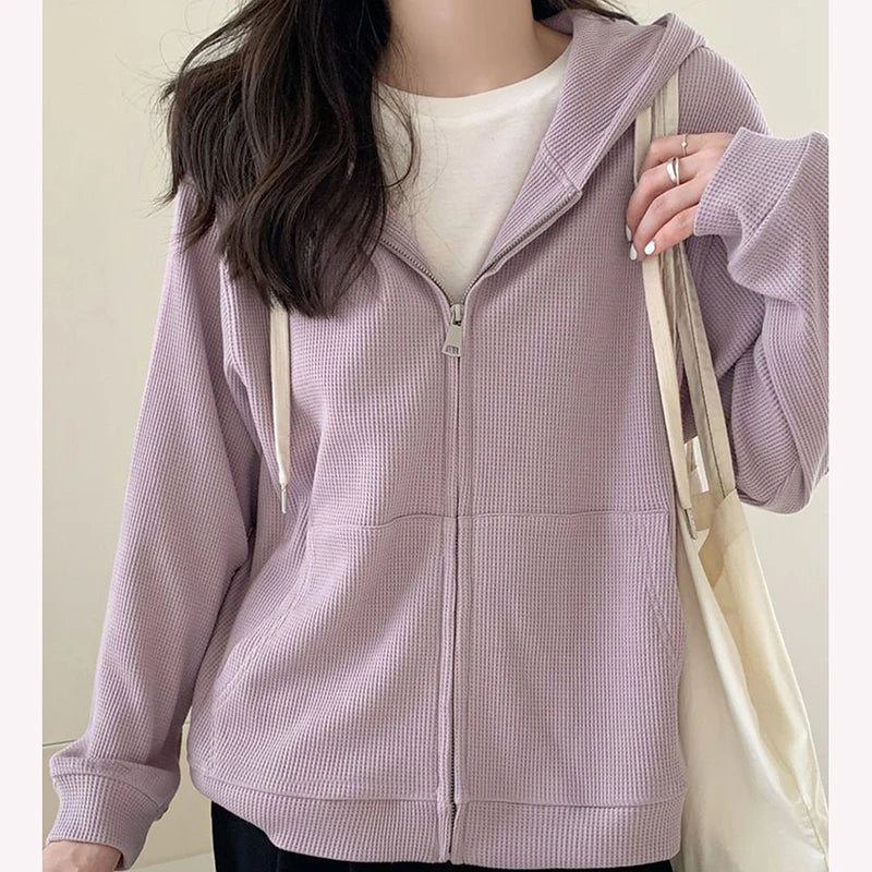 LVSANW Y2k Purple Sweet Hooded Coats Korean Zipper Loose Long Sleeve Female Casual Jacket Autumn New Preppy Style Pockets Ladies Tops