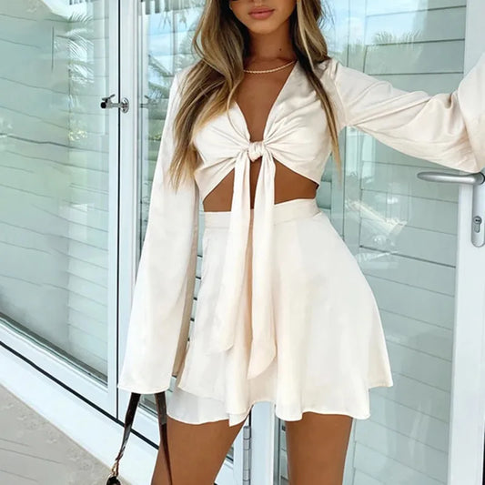 LVSANW Y2k Satin Two Piece Set Women Autumn White Lantern Long Sleeve Crop Cardigan Tops Elegant  Suits Lace Up Wrap Sexy Mini Skirts