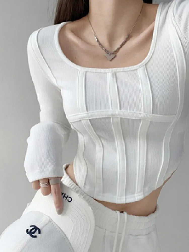 LVSANW Y2k T-shirt Girls Crop Tops 2025 Spring Women Long Sleeve O Neck Cotton Shirts Bustier Harajuku Pullover Streetwear