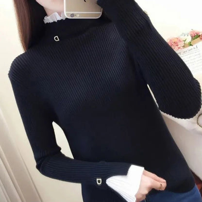 LVSANW Y2k Turtleneck Women Sweaters Korean Lace Patchwork Female Warm Pullovers Autumn Elegant Chic Flare Sleeve Ladies Casual Tops