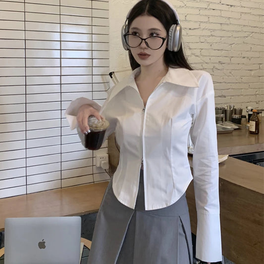 LVSANW Y2k Zippers Women Shirts Korean Sweet White Slim Long Sleeve Female Blouse Autumn New Chic Office All Match Ladies Crop Tops