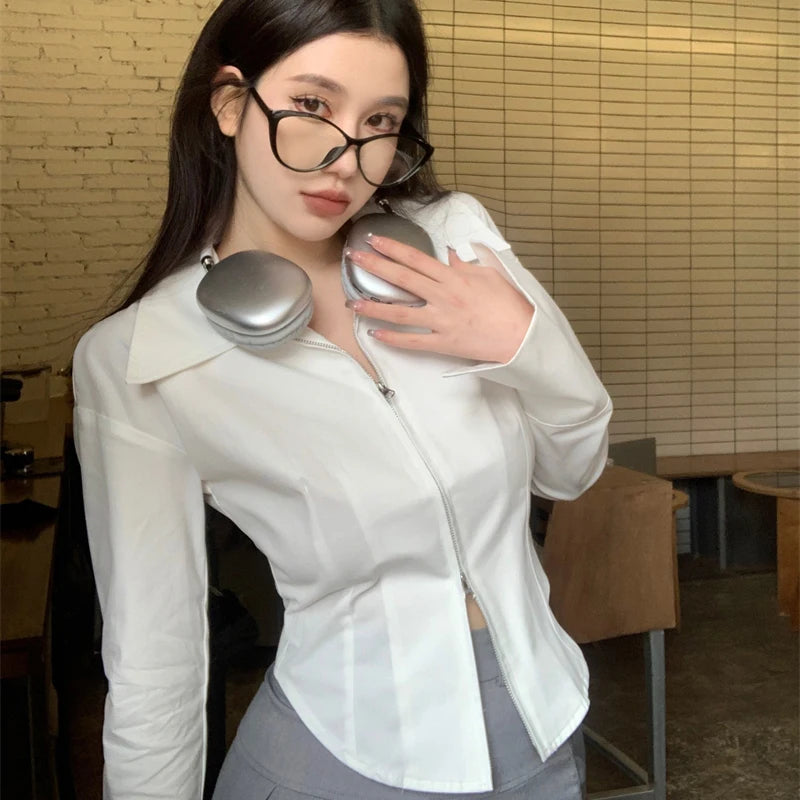 LVSANW Y2k Zippers Women Shirts Korean Sweet White Slim Long Sleeve Female Blouse Autumn New Chic Office All Match Ladies Crop Tops