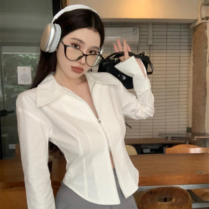 LVSANW Y2k Zippers Women Shirts Korean Sweet White Slim Long Sleeve Female Blouse Autumn New Chic Office All Match Ladies Crop Tops