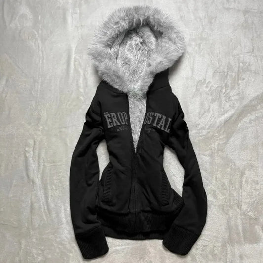 LVSANW Y2k retro Punk Women warm hoodie Winter Gothic Harajuku Street grey fur collar thick warm zipper hoodie slim design sweatshirt