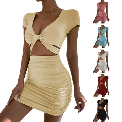 LVSANW Y2k2024 Summer New Short sleeved Sexy V-neck Open Waist Hollow Wrapped Hip Dress