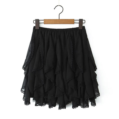 LVSANW YENKYE New 2025 Women Lace Trim Layered Fairy A-line Skirt For Beach Party Club Streetwear Elastic High Waist Summer Skirts