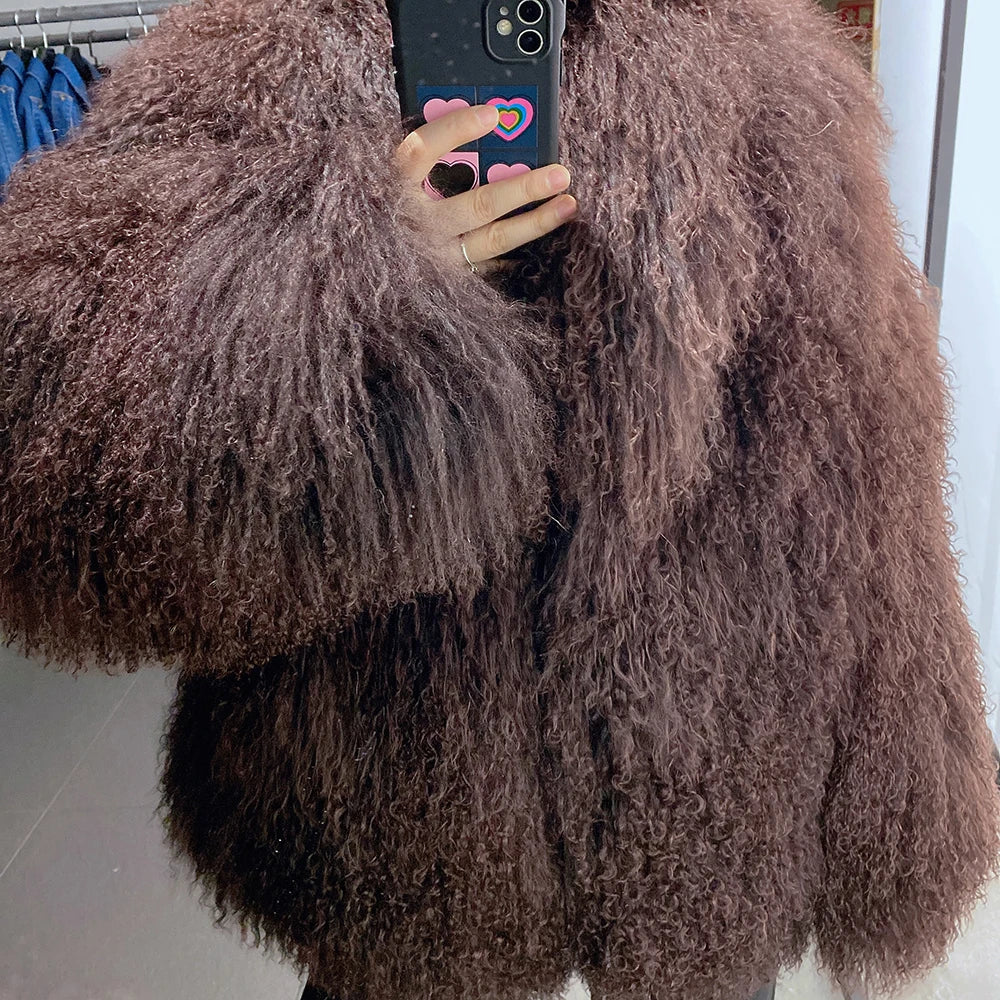 LVSANW YOLOAgain Women's Real Mongolia Sheep Fur Jacket Dark Brown Sheep Fur Jacket