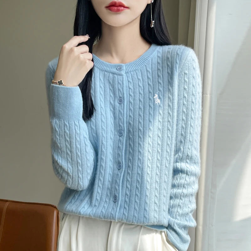 LVSANW YSC2025 New Women's Classic Australian Pure Wool Twisted Flower Knitted Cardigan Long Sleeve Casual High Quality Knitted Sweater