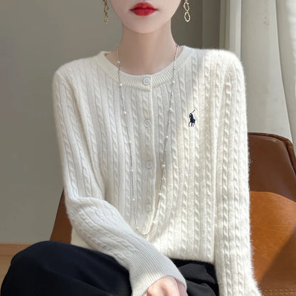 LVSANW YSC2025 New Women's Classic Australian Pure Wool Twisted Flower Knitted Cardigan Long Sleeve Casual High Quality Knitted Sweater