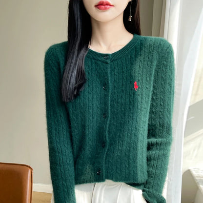 LVSANW YSC2025 New Women's Classic Australian Pure Wool Twisted Flower Knitted Cardigan Long Sleeve Casual High Quality Knitted Sweater