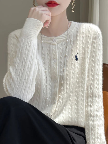 LVSANW YSC2025 New Women's Classic Australian Pure Wool Twisted Flower Knitted Cardigan Long Sleeve Casual High Quality Knitted Sweater