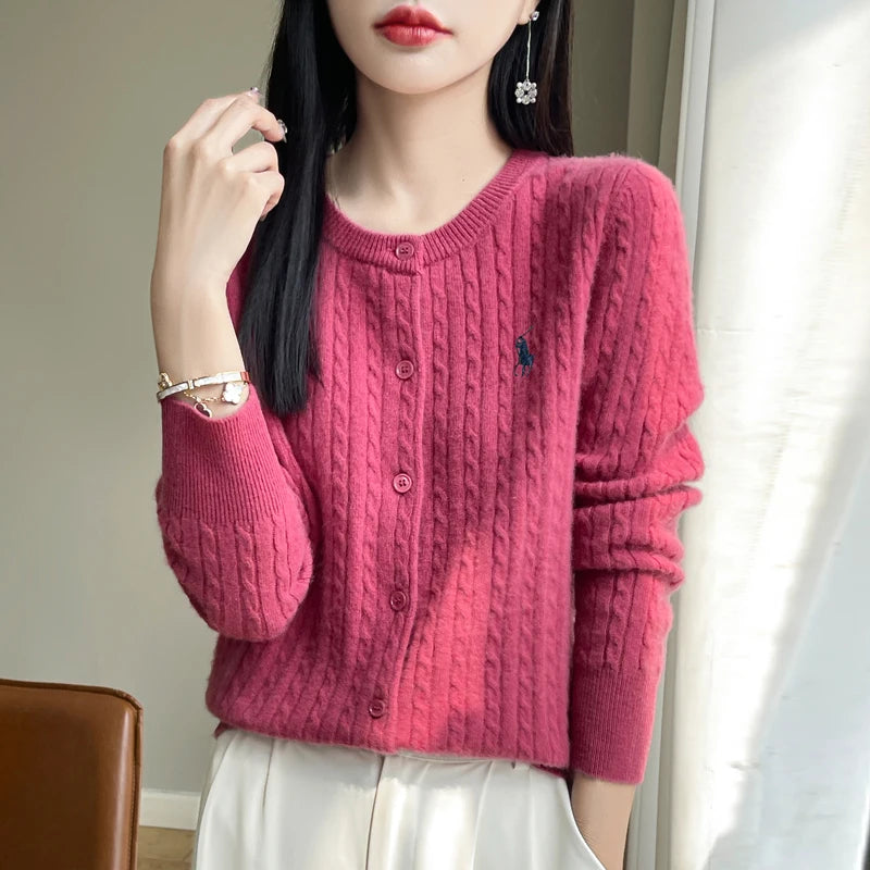 LVSANW YSC2025 New Women's Classic Australian Pure Wool Twisted Flower Knitted Cardigan Long Sleeve Casual High Quality Knitted Sweater