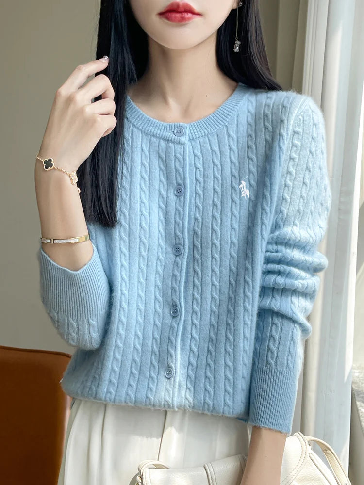 LVSANW YSC2025 New Women's Classic Australian Pure Wool Twisted Flower Knitted Cardigan Long Sleeve Casual High Quality Knitted Sweater