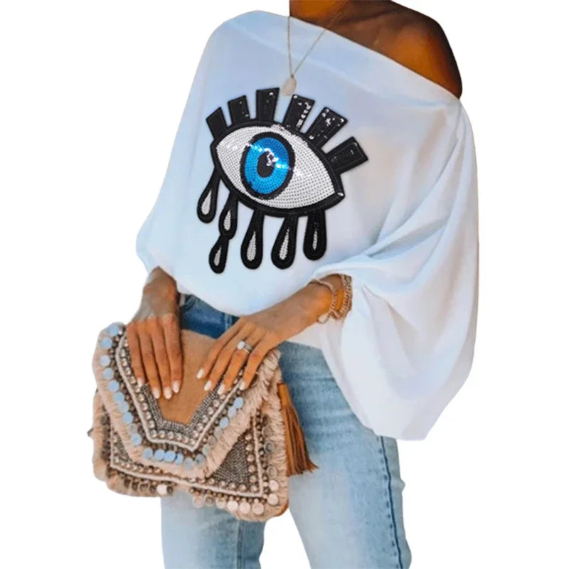 LVSANW Yeezzi Female Fashion Causal Blue Eye Applique Cool Shoulder T-Shirts 2024 New Loose Long Puff Sleeves White Tops For Women