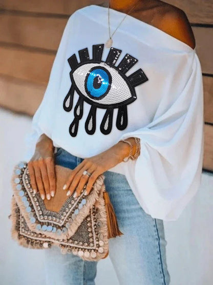 LVSANW Yeezzi Female Fashion Causal Blue Eye Applique Cool Shoulder T-Shirts 2024 New Loose Long Puff Sleeves White Tops For Women