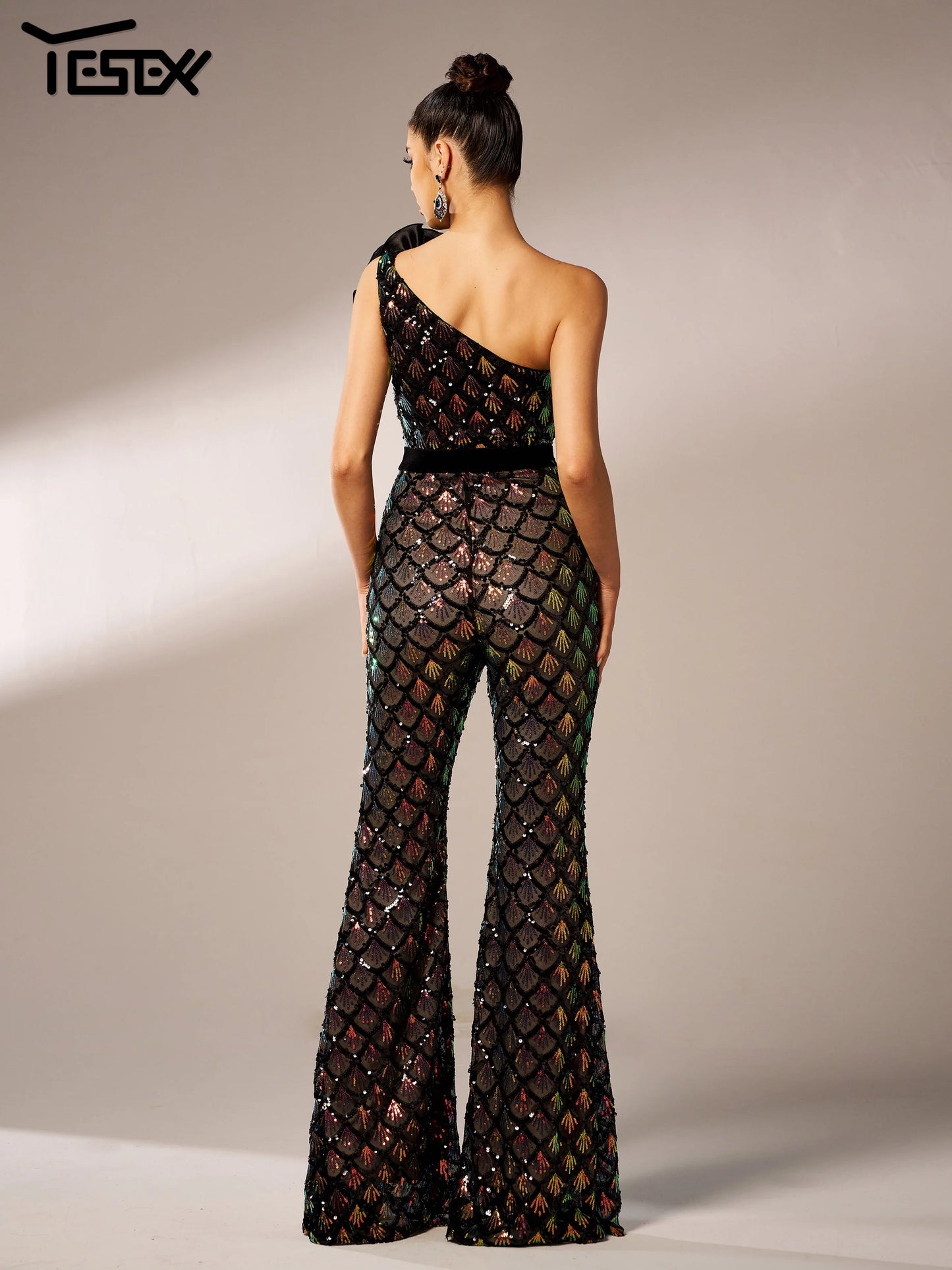 LVSANW Yesexy New One Shoulder Fashionable Elegant Sequin Jumpsuit Flared Formal Occasion Birthday Party High Quality Luxury Pants