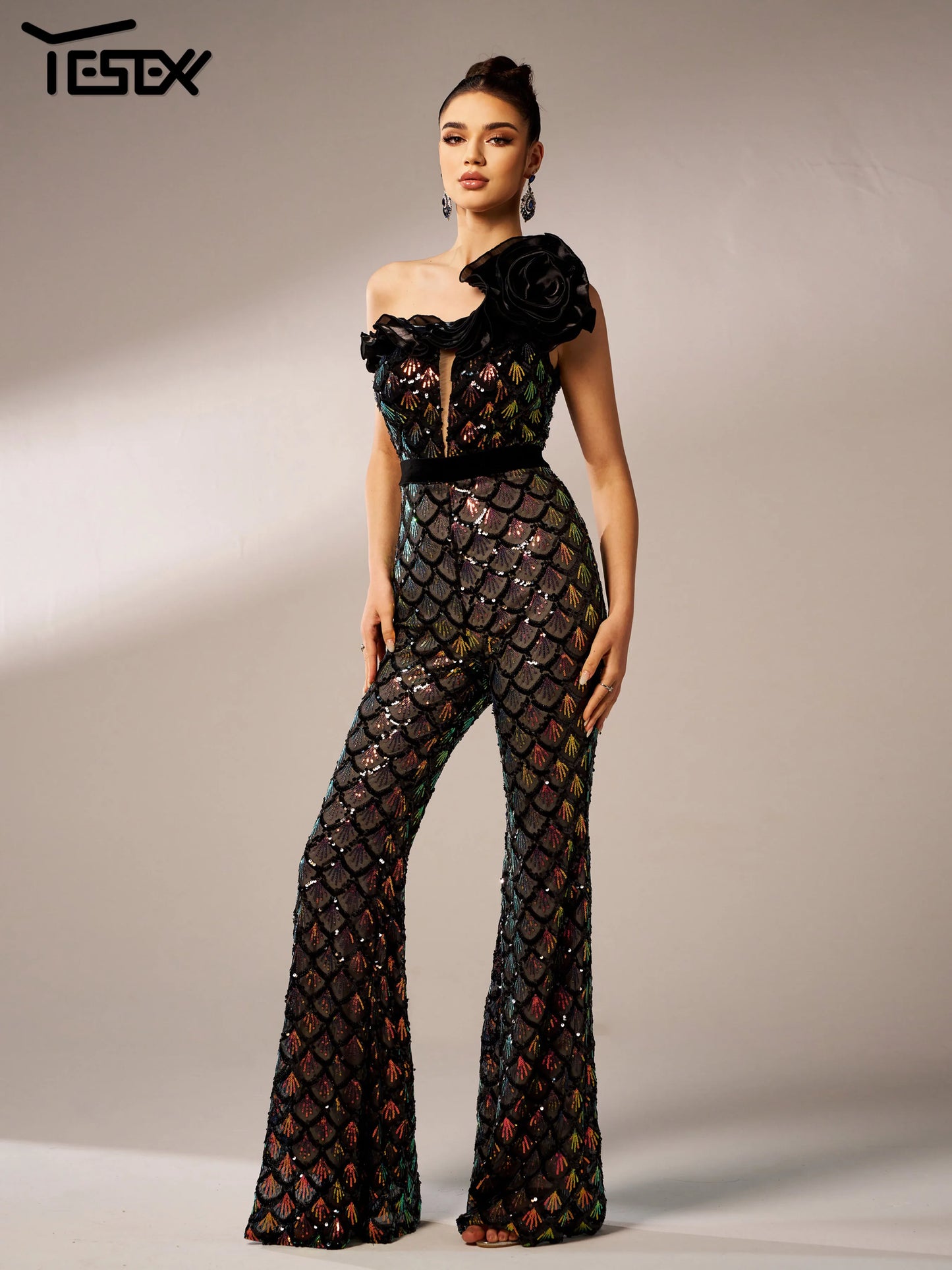 LVSANW Yesexy New One Shoulder Fashionable Elegant Sequin Jumpsuit Flared Formal Occasion Birthday Party High Quality Luxury Pants