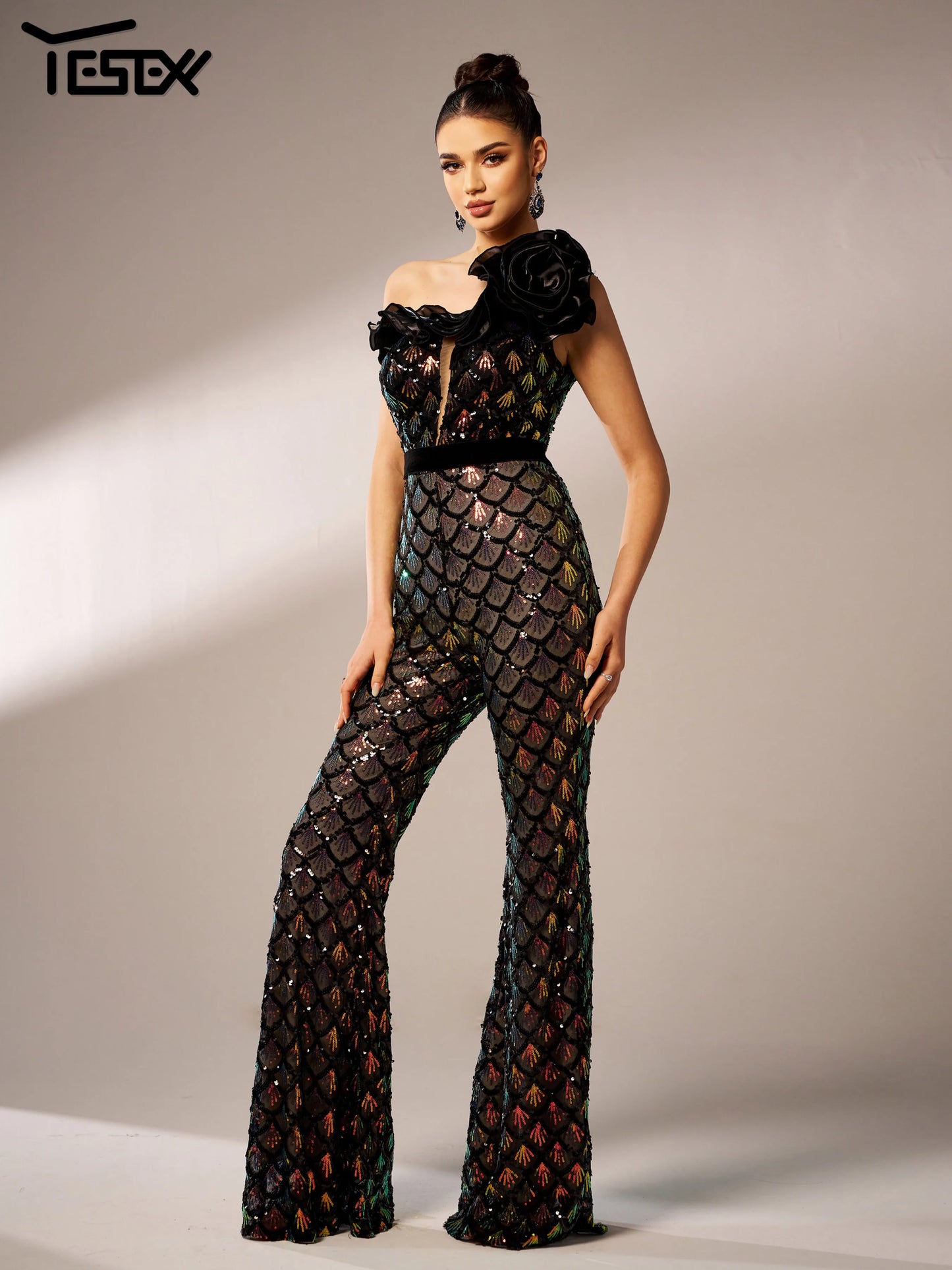 LVSANW Yesexy New One Shoulder Fashionable Elegant Sequin Jumpsuit Flared Formal Occasion Birthday Party High Quality Luxury Pants