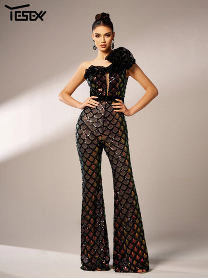 LVSANW Yesexy New One Shoulder Fashionable Elegant Sequin Jumpsuit Flared Formal Occasion Birthday Party High Quality Luxury Pants