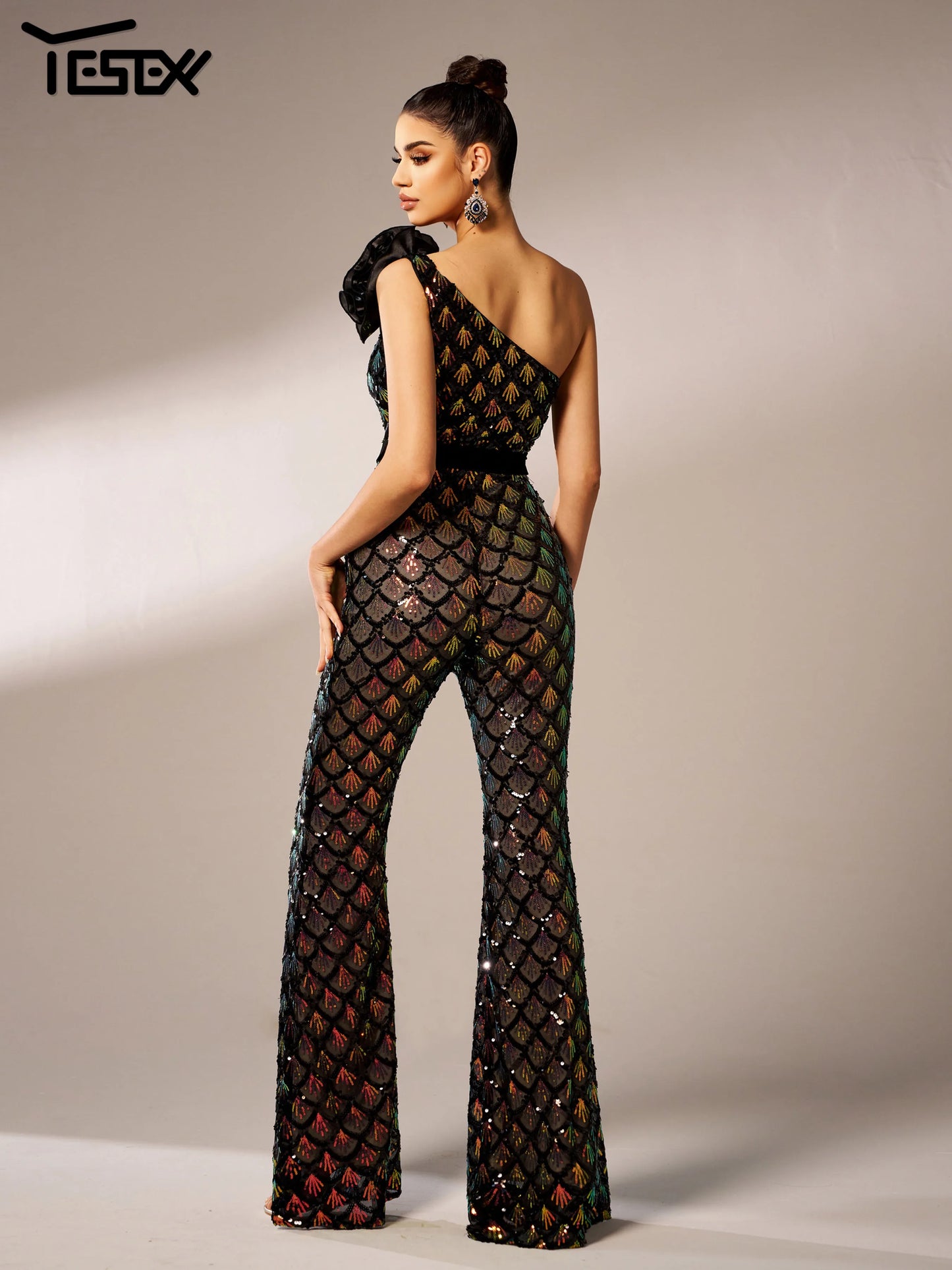 LVSANW Yesexy New One Shoulder Fashionable Elegant Sequin Jumpsuit Flared Formal Occasion Birthday Party High Quality Luxury Pants