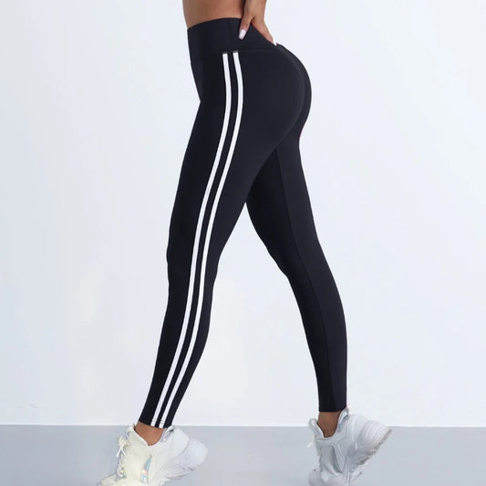 LVSANW Yoga Leggings Women Striped Slim Sports Pants High Waist Hip Liftting Casul Tights Workout Running Stretchy  Gym Leggings