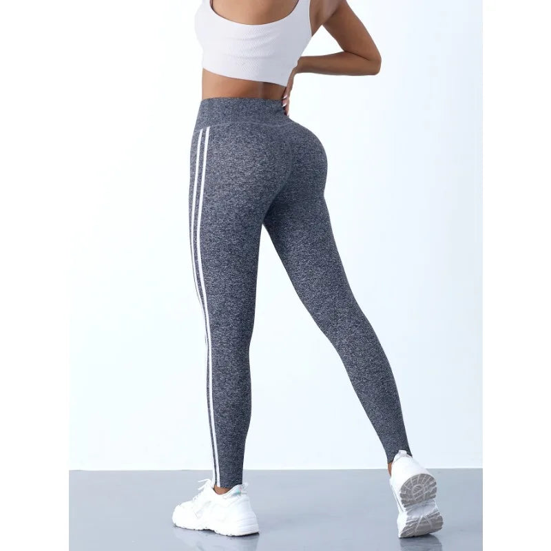 LVSANW Yoga Leggings Women Striped Slim Sports Pants High Waist Hip Liftting Casul Tights Workout Running Stretchy  Gym Leggings