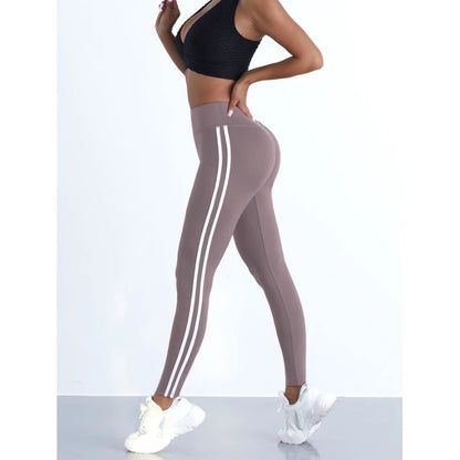 LVSANW Yoga Leggings Women Striped Slim Sports Pants High Waist Hip Liftting Casul Tights Workout Running Stretchy  Gym Leggings