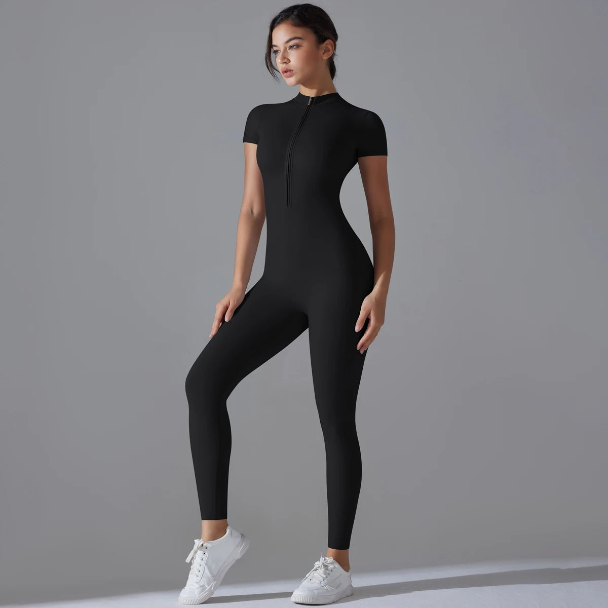 LVSANW Yoga Set Women's Jumpsuits One-Piece Suit Zipper Short Sleeve Gym Push Up Workout Clothes Fitness Bodysuit Sportswear Tracksuit