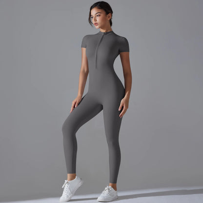 LVSANW Yoga Set Women's Jumpsuits One-Piece Suit Zipper Short Sleeve Gym Push Up Workout Clothes Fitness Bodysuit Sportswear Tracksuit