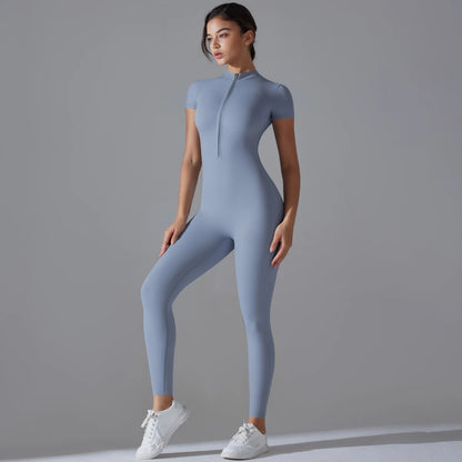 LVSANW Yoga Set Women's Jumpsuits One-Piece Suit Zipper Short Sleeve Gym Push Up Workout Clothes Fitness Bodysuit Sportswear Tracksuit