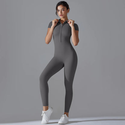 LVSANW Yoga Set Women's Jumpsuits One-Piece Suit Zipper Short Sleeve Gym Push Up Workout Clothes Fitness Bodysuit Sportswear Tracksuit