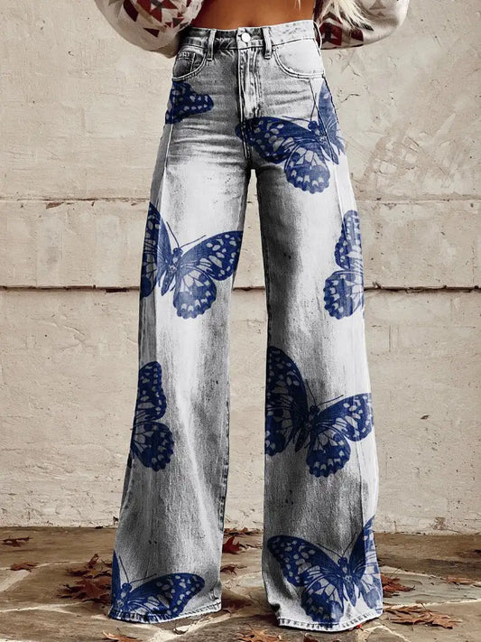 LVSANW Youth Butterfly Ladies Micro Flared Pants 3D Printed Jeans Fashion New Retro Flower Pattern Women's Flared Pants Wide Leg