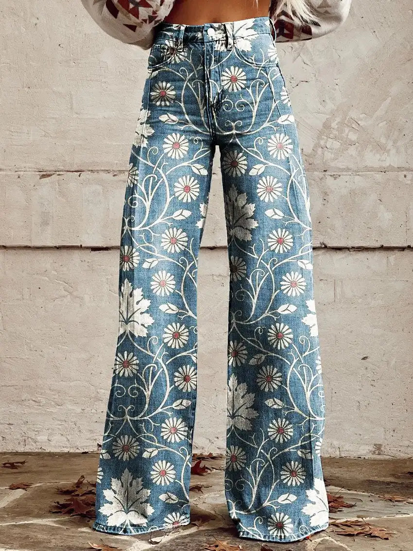 LVSANW Youth Butterfly Ladies Micro Flared Pants 3D Printed Jeans Fashion New Retro Flower Pattern Women's Flared Pants Wide Leg