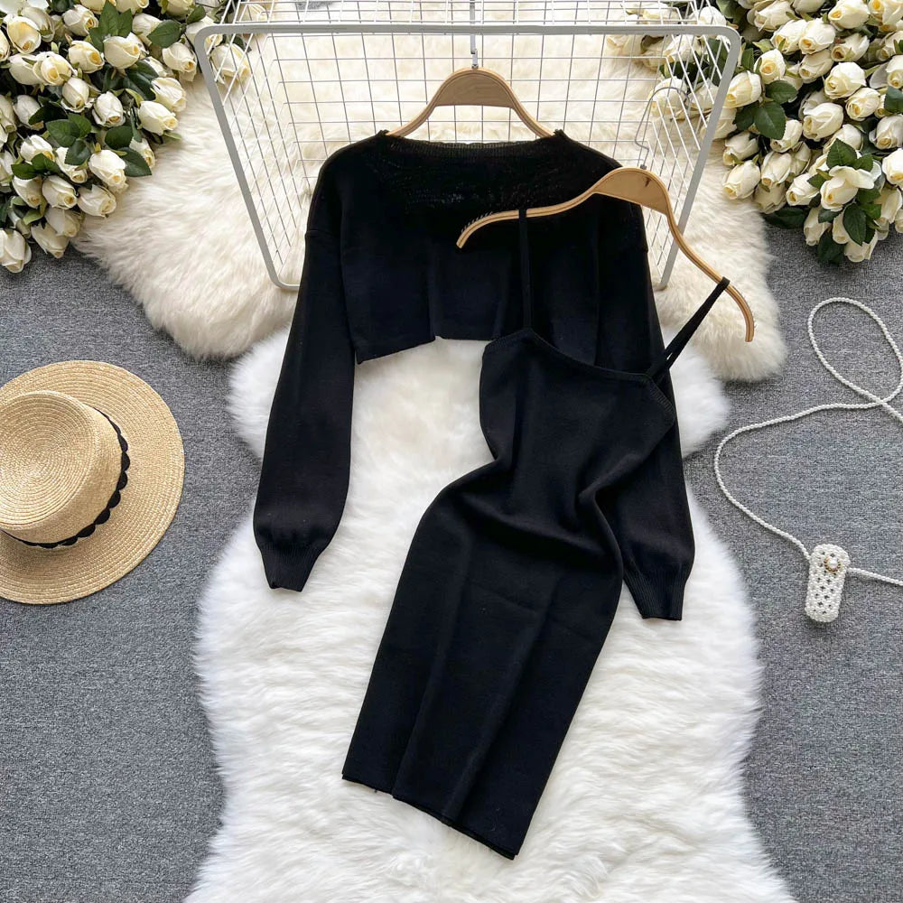 LVSANW YuooMuoo Autumn Women Dress Set Fashion Y2K Knitted Spaghetti Strap Mini Dress + Full Sleeve Crop Top Streetwear Two Piece Suits