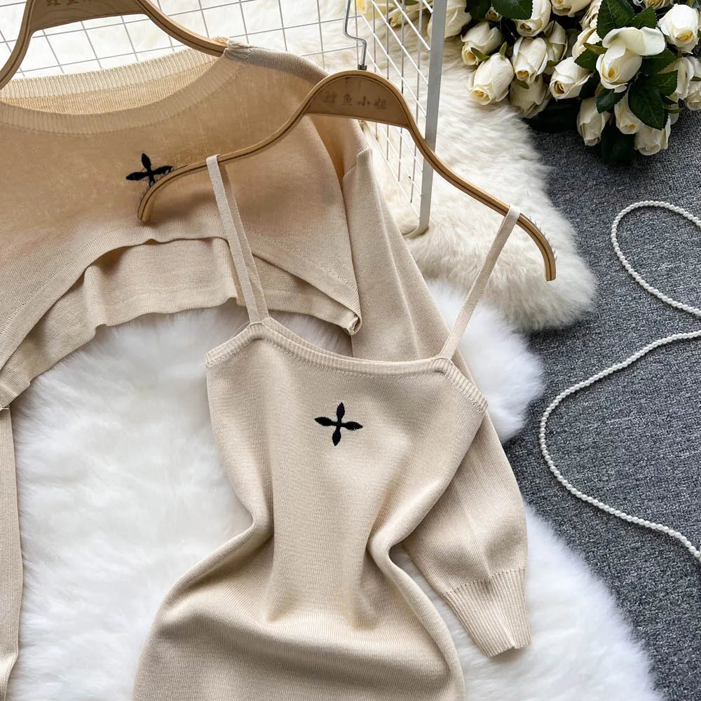 LVSANW YuooMuoo Autumn Women Dress Set Fashion Y2K Knitted Spaghetti Strap Mini Dress + Full Sleeve Crop Top Streetwear Two Piece Suits