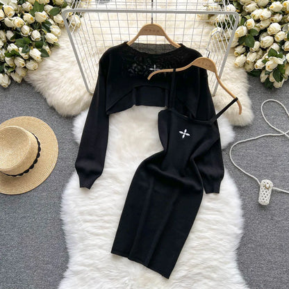 LVSANW YuooMuoo Autumn Women Dress Set Fashion Y2K Knitted Spaghetti Strap Mini Dress + Full Sleeve Crop Top Streetwear Two Piece Suits