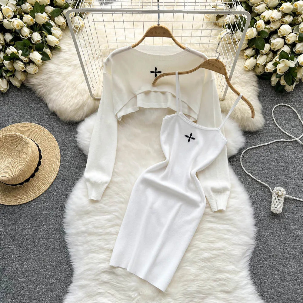 LVSANW YuooMuoo Autumn Women Dress Set Fashion Y2K Knitted Spaghetti Strap Mini Dress + Full Sleeve Crop Top Streetwear Two Piece Suits