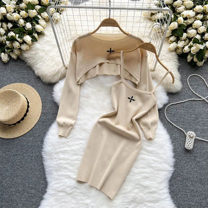 LVSANW YuooMuoo Autumn Women Dress Set Fashion Y2K Knitted Spaghetti Strap Mini Dress + Full Sleeve Crop Top Streetwear Two Piece Suits