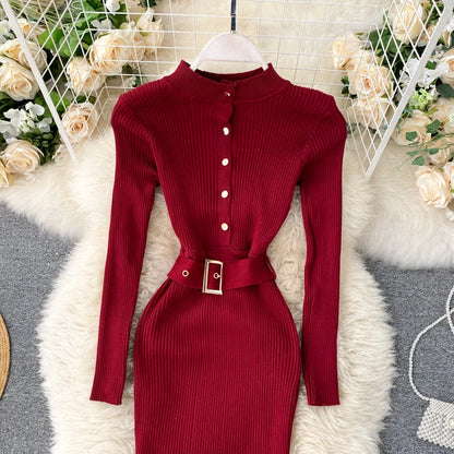 LVSANW YuooMuoo Chic Fashion Sexy Package Hips Knitted Bodycon Dress Autumn Winter Women Soft Elastic Black Sweater Dress with Belt