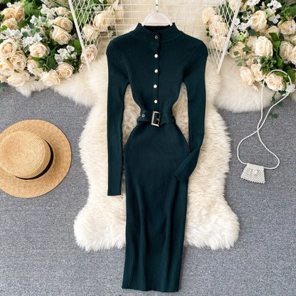 LVSANW YuooMuoo Chic Fashion Sexy Package Hips Knitted Bodycon Dress Autumn Winter Women Soft Elastic Black Sweater Dress with Belt