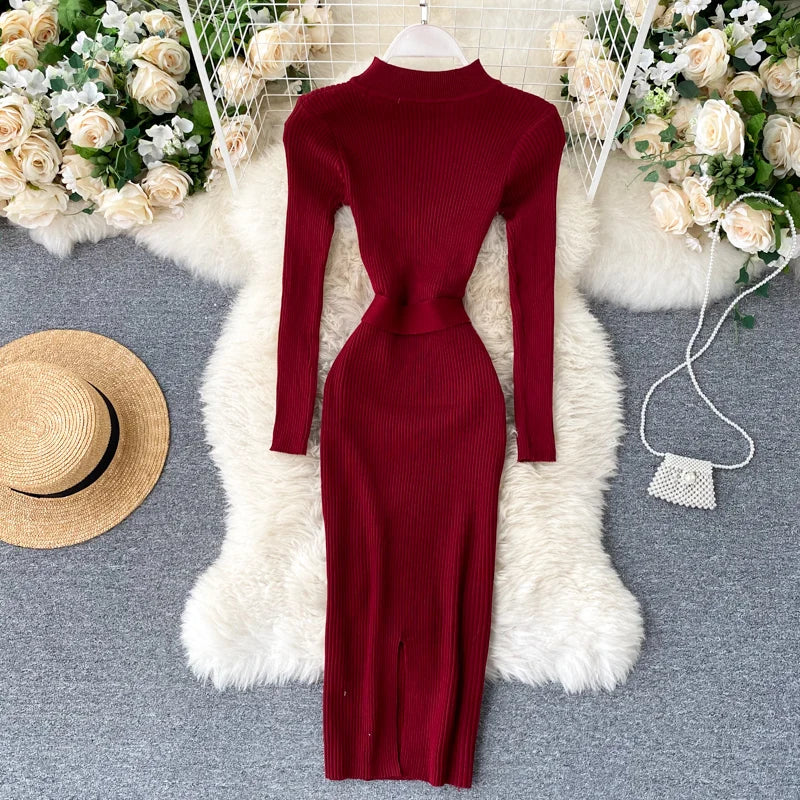 LVSANW YuooMuoo Chic Fashion Sexy Package Hips Knitted Bodycon Dress Autumn Winter Women Soft Elastic Black Sweater Dress with Belt