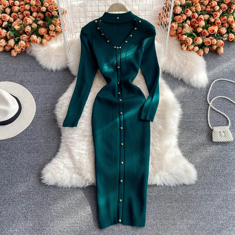 LVSANW YuooMuoo Chic Fashion Sexy Package Hips Knitted Winter Dress Women Slim Elastic Bodycon Long Dress Streetwear Lady Party Vestido