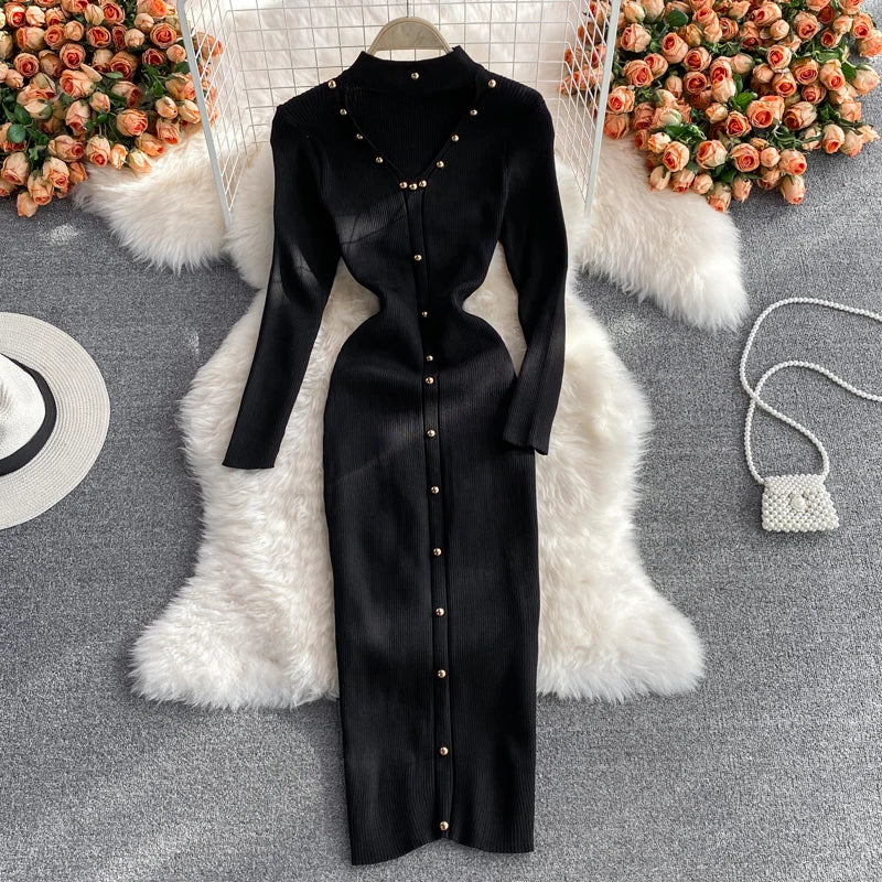 LVSANW YuooMuoo Chic Fashion Sexy Package Hips Knitted Winter Dress Women Slim Elastic Bodycon Long Dress Streetwear Lady Party Vestido