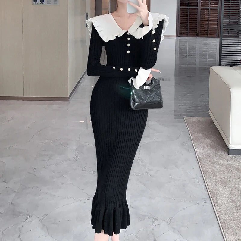 LVSANW YuooMuoo Chic Fashion Sexy Package Hips Rib Knitted Long Dress 2025 Autumn Winter Ruffled Sweater Dress Korean Party Vestidos