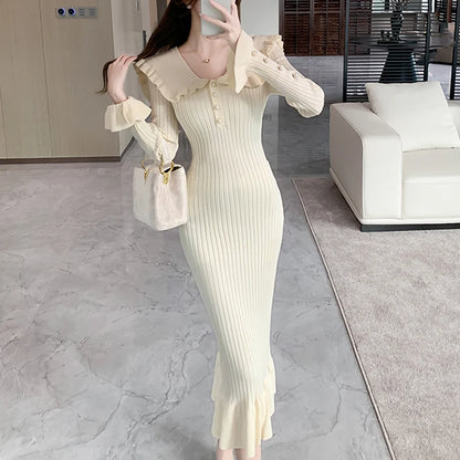 LVSANW YuooMuoo Chic Fashion Sexy Package Hips Rib Knitted Long Dress 2025 Autumn Winter Ruffled Sweater Dress Korean Party Vestidos